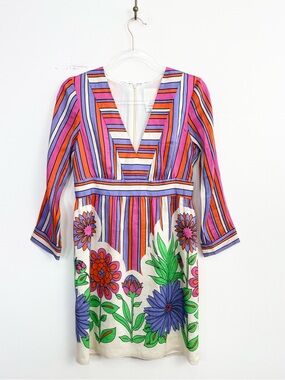 Anna Sui Silk Linen Dahlia Stripe Dress Floral Mini 6 Boho Retro Colorful